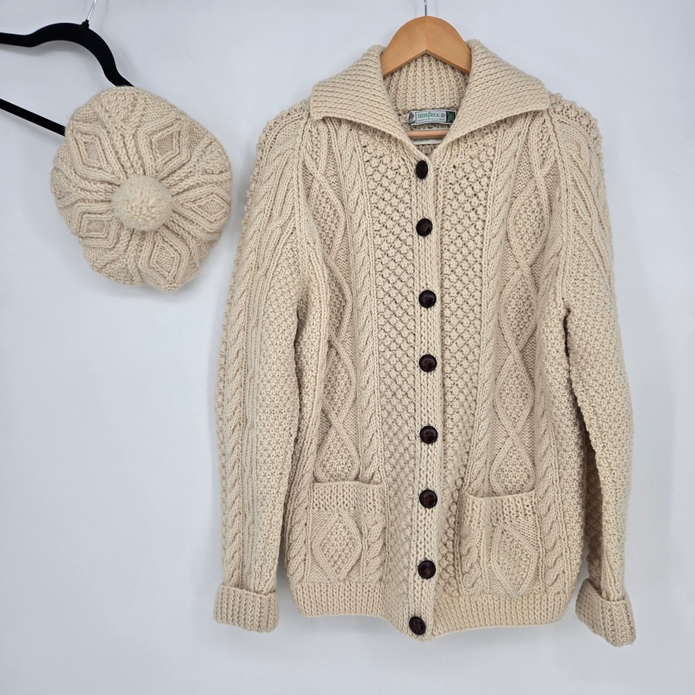 Vintage Womens M-L 100% Wool Irish Aran Sweater Cardigan Hat Combo‎ Cable Knit